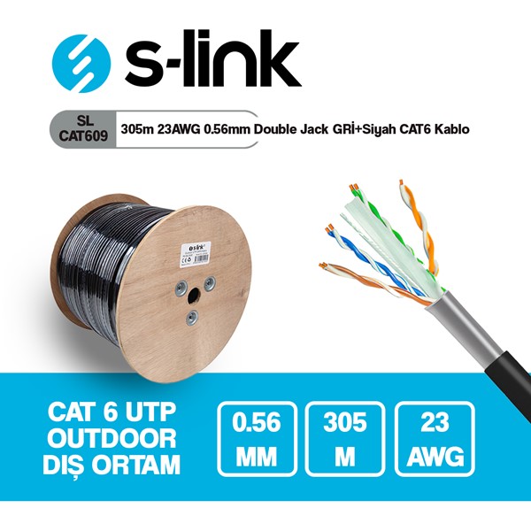 S-link SL-CAT609 305m 23AWG 0.56mm CCA Double Jack GRİ+Siyah CAT6 Kablo