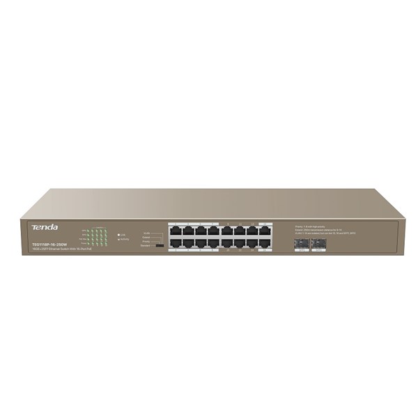 TENDA 16port 250w FULL PoE TEG1118P-16-250W GIGABIT 2X SFP Yönetilemez Switch