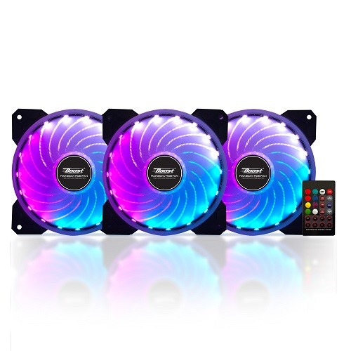 PowerBoost 12cm Rainbow Siyah 18x LED RGB 3lü Kasa Fanı Kiti 6pin Hız Kontrollü