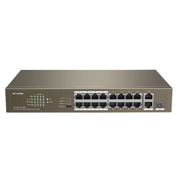 IP-COM 16port IP-F1118P-16-150W 10/100 1-Uplınk 1-SFP 150W Full PoE Yonetilemez Switch