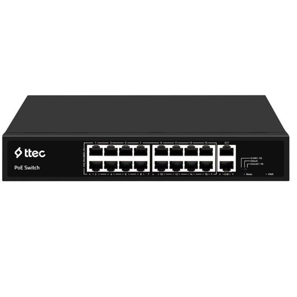 TTEC 16port 300w FULL PoE 18300PG 10/100 2GE Uplink Yönetilemez Poe Switch Tak Çalıştır