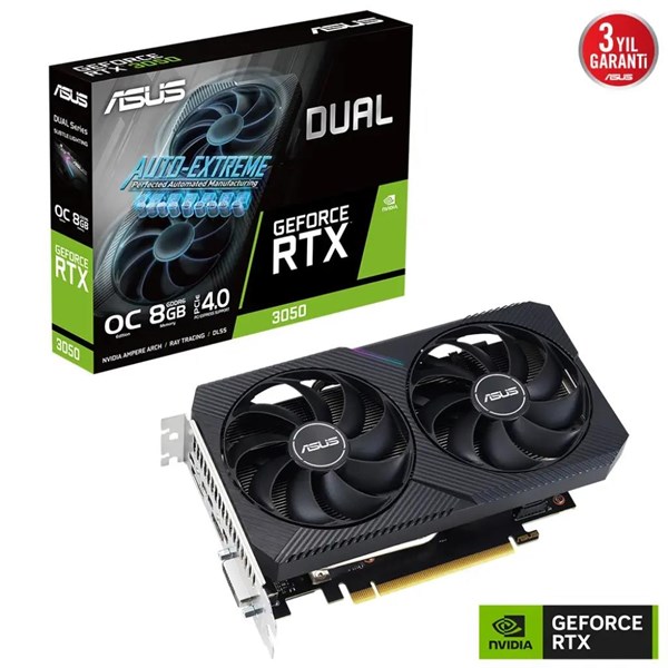 ASUS RTX3050 6GB DUAL RTX3050-O6G GDDR6 96bit HDMI DVI DP PCIe 16X v4.0 Kutu Açık (Outlet)