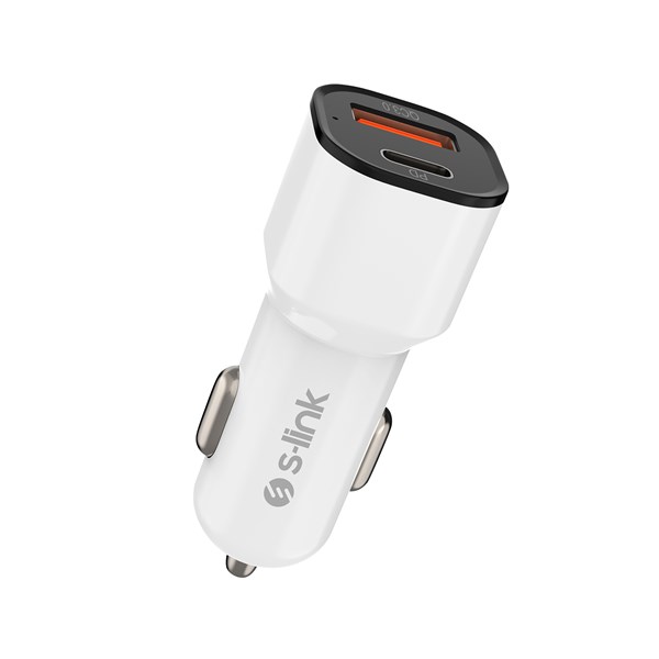 S-LINK SL-EC38PD TypeC to TypeC Kablolu 38W PD + USB QC3.0 Beyaz Araç Şarj Cihazı