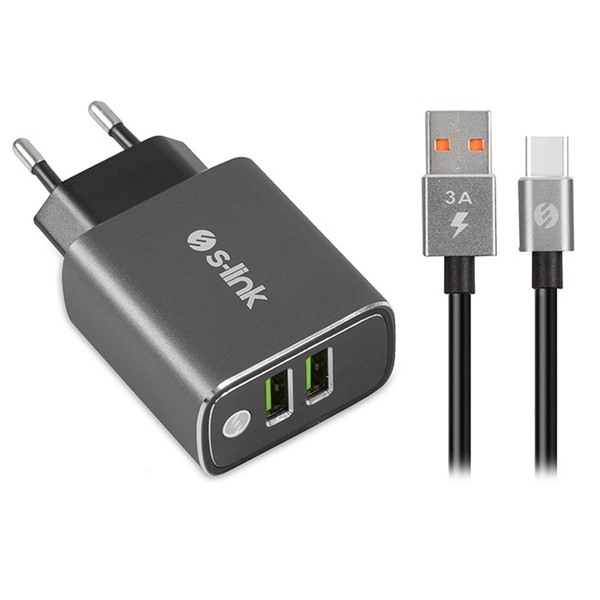S-link Swapp SW-EHT36M 2 USB, 3.1A Metal Ev Sarj Cihazı ve Type-C Data + Sarj Kablosu